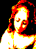 Minitel pixel portrait, in red, yellow and white, of a saint leaning forward
